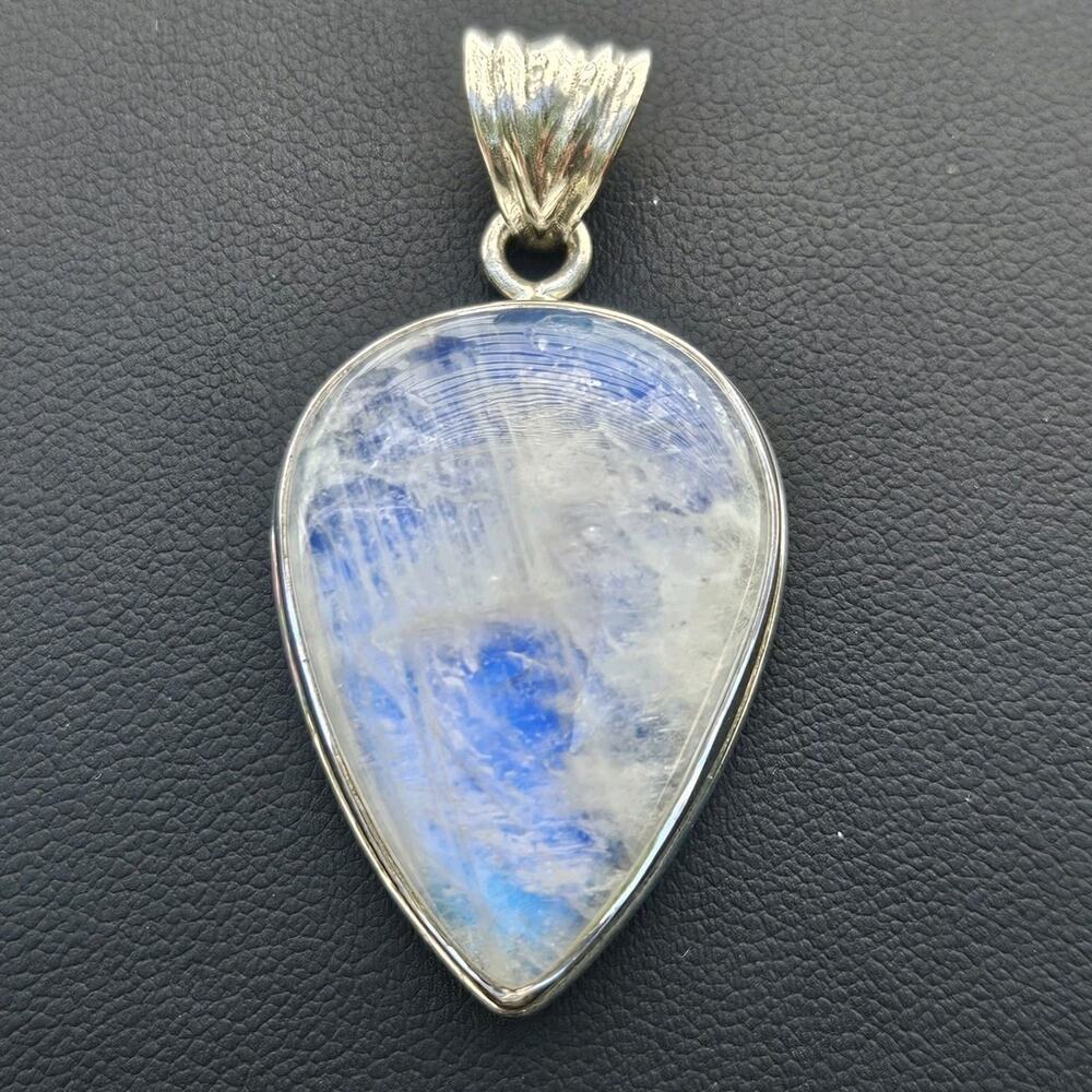 Natural Rainbow Moonstone Pendant 925 Sterling Silver Large Blue Flash Teardrop